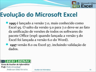 Evolução do Microsoft Excel
1995 é lançado a versão 7.0, mais conhecido como
Excel 95. O salto da versão 5.0 para 7.0 deve-se ao fato
da unificação de versões de todos os softwares do
pacote Office (expl: quando lançada a versão 5 do
Excel foi lançada a versão 6.0 do Word).
 1997 versão 8.0 ou Excel 97, incluindo validação de
dados.
Auxiliar de Informática 14
 