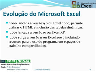 Evolução do Microsoft Excel
2000 lançada a versão 9.0 ou Excel 2000, permite
utilizar o HTML e inclusão das tabelas dinâmicas.
 2001 lançada a versão 10 ou Excel XP.
 2003 surge a versão 11 ou Excel 2003, incluindo
recursos para o uso do programa em espaços de
trabalho compartilhados.
Auxiliar de Informática 15
 