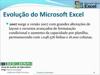 Evolução do Microsoft Excel
2007 surge a versão 2007 com grandes alterações de
layout e recursos avançados de formatação
condicional e aumento da capacidade por planilha,
permanecendo com 1.048.576 linhas e 16.000 colunas.
Auxiliar de Informática 16
 