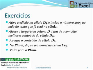 Exercícios
Ative a edição na célula D4 e inclua o número 2003 ao
lado do texto que já está na célula.
Ajuste a largura da coluna D a fim de acomodar
melhor o conteúdo da célula D4.
 Apague o conteúdo da célula D4.
 Na Plan2, digite seu nome na célula C14.
 Volte para a Plan1.
Auxiliar de Informática 40
 