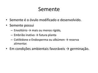 Semente
• Semente é o óvulo modificado e desenvolvido.
• Semente possui
– Envoltório → mais ou menos rígido,
– Embrião inativo → futura planta
– Cotilédone e Endosperma ou albúmen → reserva
alimentar.
• Em condições ambientais favoráveis → germinação.
 
