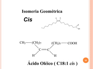 Isomeria Geométrica
 Cis


CH3     (CH2)7       (CH2)7   COOH
            C    C
        H             H
                                     29

      Ácido Oléico ( C18:1 cis )
 