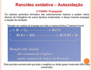 Rancidez oxidativa – Autoxidação
                            2o PASSO: Propagação
Os radicais peróxidos formados são extremamente reativos e podem retirar
átomos de hidrogênio de outros lipídeos insaturados, e dessa maneira propagar
a reação de oxidação

   Reação em cadeia se propaga em toda a massa lipídica (↑radicais livres)




Este período ocorrerá até que todo o oxigênio ou ácido graxo insaturado (RH) seja
                                   consumido.
 