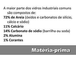 Matéria-primaMatéria-prima
A maior parte dos vidros industriais comuns
são compostos de:
72% de Areia (óxidos e carbonatos de silício,
cálcio e sódio)
11% Calcário
14% Carbonato de sódio (barrilha ou soda)
2% Alumina
1% Corantes
 