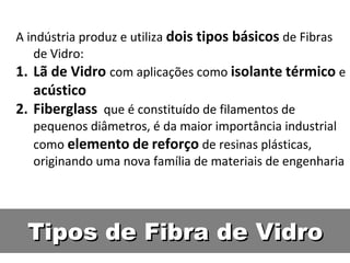 Tipos de Fibra de VidroTipos de Fibra de Vidro
A indústria produz e utiliza dois tipos básicos de Fibras
de Vidro:
1. Lã de Vidro com aplicações como isolante térmico e
acústico
2. Fiberglass que é constituído de filamentos de
pequenos diâmetros, é da maior importância industrial
como elemento de reforço de resinas plásticas,
originando uma nova família de materiais de engenharia
 