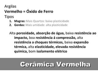 Cerâmica VermelhaCerâmica Vermelha
Argilas
Vermelho = Óxido de Ferro
Tipos
1. Magras: Mais Quartzo: baixa plasticidade
2. Gordas: Mais umidade: alta plasticidade
Alta porosidade, absorção de água, baixa resistência ao
impacto, boa resistência á compressão, alta
resistência a choques térmicos, baixa expansão
térmica, alta elasticidade, elevada resistência
química, bom isolamento elétrico
 