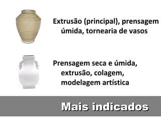 Mais indicadosMais indicados
Extrusão (principal), prensagem
úmida, tornearia de vasos
Prensagem seca e úmida,
extrusão, colagem,
modelagem artística
 