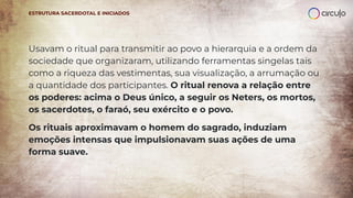 Usavam o ritual para transmitir ao povo a hierarquia e a ordem da
sociedade que organizaram, utilizando ferramentas singelas tais
como a riqueza das vestimentas, sua visualização, a arrumação ou
a quantidade dos participantes. O ritual renova a relação entre
os poderes: acima o Deus único, a seguir os Neters, os mortos,
os sacerdotes, o faraó, seu exército e o povo.
Os rituais aproximavam o homem do sagrado, induziam
emoções intensas que impulsionavam suas ações de uma
forma suave.
ESTRUTURA SACERDOTAL E INICIADOS
 
