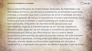 Ísis é a personiﬁcação da maternidade dedicada, da ﬁdelidade e da
delicadeza feminina, Ísis fornece a substância, as emoções superiores,
o êxtase, a intuição, que com o acúmulo de amor e verdade, tornam
possível a geração de Hórus, a consciência imortal e permanente. Ísis é
a força que leva o homem a espiritualidade em todas as suas
reencarnações, enquanto vai abandonando aos poucos sua
animalidade original, e transformando-se em um ser respeitoso,
ﬂexível e sábio. Esse ser vai em direção à consciência permanente,
simbolizada por Hórus, seu ﬁlho imortal. Ísis é a matriz dessa
consciência permanente, ela gera no mundo interior de todo homem
as emoções superiores, conseguindo que eleve sua frequência de
vibração, manda desde as dimensões superiores, em direção a
consciência, a inspiração que produz as ideias e que dão lugar às artes.
ESTRUTURA SACERDOTAL E INICIADOS
 