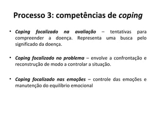 Processo 3: competências de coping
• Coping focalizado na avaliação – tentativas para
compreender a doença. Representa uma busca pelo
significado da doença.
• Coping focalizado no problema – envolve a confrontação e
reconstrução de modo a controlar a situação.
• Coping focalizado nas emoções – controle das emoções e
manutenção do equilíbrio emocional
 