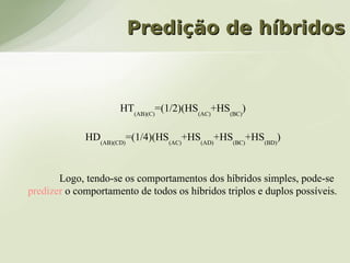 Predição de híbridos



                     HT(AB)(C)=(1/2)(HS(AC)+HS(BC))

             HD(AB)(CD)=(1/4)(HS(AC)+HS(AD)+HS(BC)+HS(BD))


       Logo, tendo-se os comportamentos dos híbridos simples, pode-se
predizer o comportamento de todos os híbridos triplos e duplos possíveis.
 