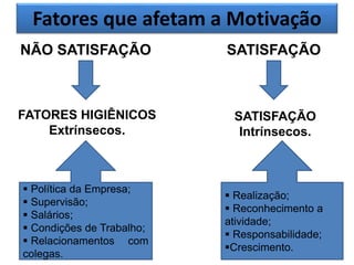 Fatores que afetam a Motivação
NÃO SATISFAÇÃO SATISFAÇÃO
FATORES HIGIÊNICOS
Extrínsecos.
SATISFAÇÃO
Intrínsecos.
 Política da Empresa;
 Supervisão;
 Salários;
 Condições de Trabalho;
 Relacionamentos com
colegas.
 Realização;
 Reconhecimento a
atividade;
 Responsabilidade;
Crescimento.
 