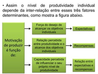 Motivação
de produzir
é função
de:
Força do desejo de
alcançar os objetivos
individuais
Relação percebida
entre produtividade e o
alcance dos objetivos
individuais
Capacidade percebida
de influenciar o seu
próprio nível de
produtividade
Expectativas
Recompensas
Relação entre
expectativas e
recompensas
• Assim o nível de produtividade individual
depende da inter-relação entre esses três fatores
determinantes, como mostra a figura abaixo.
 