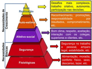Desafios mais complexos,
trabalho criativo, autonomia,
participação nas decisões.
Reconhecimento, promoções,
responsabilidade por
resultados, comprometimento,
etc.
Bom clima, respeito, aceitação,
interação com os colegas,
superiores e clientes, etc.
Segurança no trabalho
e pessoal, amparo
legal, estabilidade, etc.
Alimentação, moradia,
conforto físico, sexo,
descanso, lazer, etc.
Necessidades
Básicas
Necessidades
de
Crescimento
Fisiológicas
Segurança
Afetivo-social
Auto-estima
Auto
Realização
 