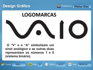 Turma: 2503-B Aula: 10 Pág: 10 a 17 Data: 18-jan-12 
7001- 8 10-17 30.09.14 
Instrutor: Ricardo Paladini Matos 
Elielso Dias 
LOGOMARCAS 
O “V” e o “A” simbolizam um 
sinal analógico e as outras duas 
representam os números 1 e 0 
(sistema binário). 
 