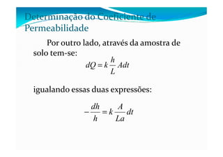 Por outro lado, através da amostra de
solo tem-se:
Determinação do Coeficiente de
Permeabilidade
Adt
L
h
kdQ =
igualando essas duas expressões:
dt
La
A
k
h
dh
=−
 