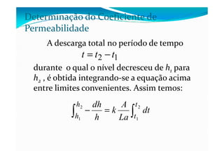 A descarga total no período de tempo
durante o qual o nível decresceu de h1 para
h2 , é obtida integrando-se a equação acima
Determinação do Coeficiente de
Permeabilidade
12 ttt −=
h2 , é obtida integrando-se a equação acima
entre limites convenientes. Assim temos:
∫∫ =− 2
1
2
1
t
t
h
h
dt
La
A
k
h
dh
 