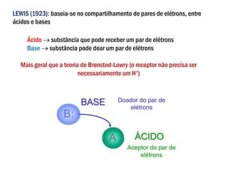 Ácido → substância que pode receber um par de elétrons
Base → substância pode doar um par de elétrons
Mais geral que a teoria de Brønsted-Lowry (o receptor não precisa ser
necessariamente um H+)
LEWIS (1923): baseia-se no compartilhamento de pares de elétrons, entre
ácidos e bases
 