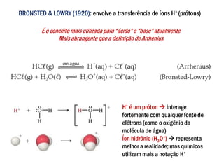BRONSTED & LOWRY (1920): envolve a transferência de íons H+ (prótons)
H+ é um próton → interage
fortemente com qualquer fonte de
elétrons (como o oxigênio da
molécula de água)
Íon hidrônio (H3O+) → representa
melhor a realidade; mas químicos
utilizam mais a notação H+
É o conceito mais utilizada para “ácido” e “base” atualmente
Mais abrangente que a definição de Arrhenius
 