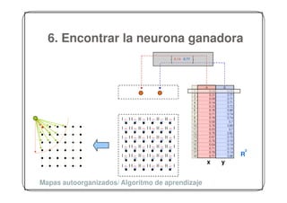 6. Encontrar la neurona ganadora
                                                            0.14 0.77




                        0.2   0.4   0.9   0.5   0.7   0.6
                        0.3   0.8   0.3   0.7   0.3   0.1



                        0.6   0.2   0.9   0.6   0.5   0.2
                        0.7   0.7   0.4   0.7   0.3   0.3



                        0.4   0.9   0.1   0.8   0.5   0.3
                        0.7   0.2   0.3   0.3   0.8   0.3



                        0.2   0.6   0.7   0.5   0.5   0.6
                        0.6   0.6   0.4   0.5   0.6   0.3
                                                                                2
                        0.2
                        0.7
                              0.7
                              0.8
                                    0.7
                                    0.8
                                          0.8
                                          0.6
                                                0.6
                                                0.7
                                                      0.2
                                                      0.3
                                                                                R
                        0.2   0.2   0.9   0.9   0.2   0.7
                                                                        x   y
                        0.7   0.3   0.3   0.7   0.3   0.8




Mapas autoorganizados/ Algoritmo de aprendizaje
 