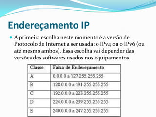 Endereçamento IP
 A primeira escolha neste momento é a versão de
Protocolo de Internet a ser usada: o IPv4 ou o IPv6 (ou
até mesmo ambos). Essa escolha vai depender das
versões dos softwares usados nos equipamentos.
 