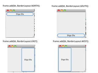 frame.add(bt, BorderLayout.NORTH); frame.add(bt, BorderLayout.SOUTH);
frame.add(bt, BorderLayout.EAST); frame.add(bt, BorderLayout.WEST);
 