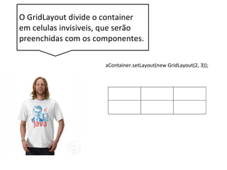 aContainer.setLayout(new GridLayout(2, 3));
O GridLayout divide o container
em celulas invisiveis, que serão
preenchidas com os componentes.
 