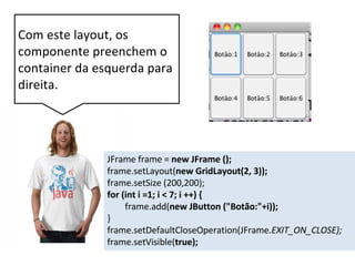 Com este layout, os
componente preenchem o
container da esquerda para
direita.
JFrame frame = new JFrame ();
frame.setLayout(new GridLayout(2, 3));
frame.setSize (200,200);
for (int i =1; i < 7; i ++) {
frame.add(new JButton ("Botão:"+i));
}
frame.setDefaultCloseOperation(JFrame.EXIT_ON_CLOSE);
frame.setVisible(true);
 