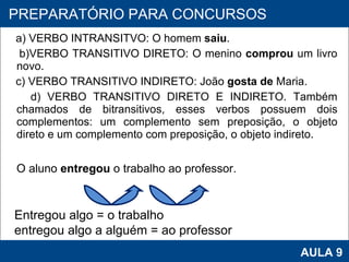 a) VERBO INTRANSITVO: O homem  saiu . b)VERBO TRANSITIVO DIRETO: O menino  comprou  um livro novo. c) VERBO TRANSITIVO INDIRETO: João  gosta de  Maria. d) VERBO TRANSITIVO DIRETO E INDIRETO. Também chamados de bitransitivos, esses verbos possuem dois complementos: um complemento sem preposição, o objeto direto e um complemento com preposição, o objeto indireto. O aluno  entregou  o trabalho ao professor.  PROAB 2010 AULA 9 PREPARATÓRIO PARA CONCURSOS Entregou algo = o trabalho entregou algo a alguém = ao professor 