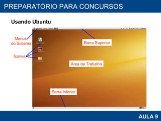 PROAB 2010 AULA 9 PREPARATÓRIO PARA CONCURSOS Usando Ubuntu Menus  do Sistema Ícones Barra Superior Área de Trabalho Barra Inferior 