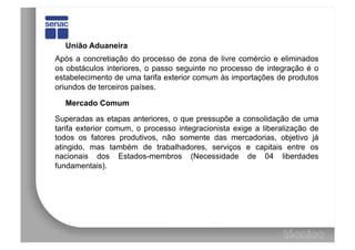 União Aduaneira
Após a concretiação do processo de zona de livre comércio e eliminados
os obstáculos interiores, o passo seguinte no processo de integração é o
estabelecimento de uma tarifa exterior comum às importações de produtos
oriundos de terceiros países.

  Mercado Comum

Superadas as etapas anteriores, o que pressupõe a consolidação de uma
tarifa exterior comum, o processo integracionista exige a liberalização de
todos os fatores produtivos, não somente das mercadorias, objetivo já
atingido, mas também de trabalhadores, serviços e capitais entre os
nacionais dos Estados-membros (Necessidade de 04 liberdades
fundamentais).
 