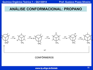 Química Orgânica Teórica 1 – QUI 02014

Prof. Gustavo Pozza Silveira

ANÁLISE CONFORMACIONAL: PROPANO

H
60o

60o

60o

H

H
60o

60o

H

H

H
CH3

CH3

CH3

CH3

CH3

CH3

60o

CONFÔRMEROS

www.iq.ufrgs.br/biolab

11

 