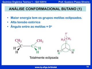 Química Orgânica Teórica 1 – QUI 02014

Prof. Gustavo Pozza Silveira

ANÁLISE CONFORMACIONAL BUTANO (1)
• Maior energia tem os grupos metilas eclipsados.
• Alta tensão estérica
• Ângulo entre as metilas = 0o

Totalmente eclipsada
www.iq.ufrgs.br/biolab

14

 