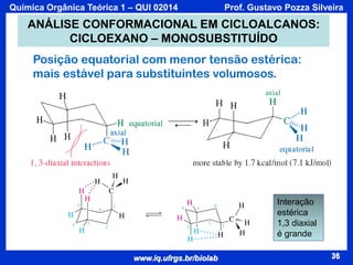 Química Orgânica Teórica 1 – QUI 02014

Prof. Gustavo Pozza Silveira

ANÁLISE CONFORMACIONAL EM CICLOALCANOS:
CICLOEXANO – MONOSUBSTITUÍDO
Posição equatorial com menor tensão estérica:
mais estável para substituintes volumosos.

Interação
estérica
1,3 diaxial
é grande
www.iq.ufrgs.br/biolab

36

 