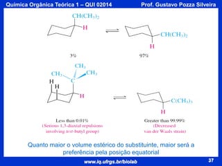 Química Orgânica Teórica 1 – QUI 02014

Prof. Gustavo Pozza Silveira

Quanto maior o volume estérico do substituinte, maior será a
preferência pela posição equatorial
www.iq.ufrgs.br/biolab

37

 