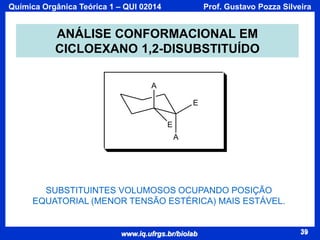 Química Orgânica Teórica 1 – QUI 02014

Prof. Gustavo Pozza Silveira

ANÁLISE CONFORMACIONAL EM
CICLOEXANO 1,2-DISUBSTITUÍDO
A
E
E
A

SUBSTITUINTES VOLUMOSOS OCUPANDO POSIÇÃO
EQUATORIAL (MENOR TENSÃO ESTÉRICA) MAIS ESTÁVEL.

www.iq.ufrgs.br/biolab

39

 