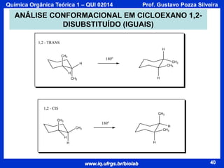 Química Orgânica Teórica 1 – QUI 02014

Prof. Gustavo Pozza Silveira

ANÁLISE CONFORMACIONAL EM CICLOEXANO 1,2DISUBSTITUÍDO (IGUAIS)
1,2 - TRANS
H
CH3

180o

CH3
CH3

H
H
H

CH3

1,2 - CIS
CH3
CH3

180o

H
CH3

CH3
H
H

H

www.iq.ufrgs.br/biolab

40

 