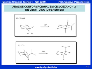 Química Orgânica Teórica 1 – QUI 02014

Prof. Gustavo Pozza Silveira

ANÁLISE CONFORMACIONAL EM CICLOEXANO 1,2DISUBSTITUÍDO (DIFERENTES)

1,2 - TRANS
H

180o
H
H
H

1,2 - CIS

180o

H

H
H

H

www.iq.ufrgs.br/biolab

41

 