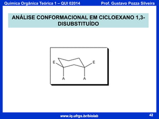 Química Orgânica Teórica 1 – QUI 02014

Prof. Gustavo Pozza Silveira

ANÁLISE CONFORMACIONAL EM CICLOEXANO 1,3DISUBSTITUÍDO

E

E

A

A

www.iq.ufrgs.br/biolab

42

 