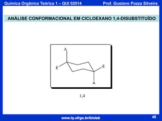 Química Orgânica Teórica 1 – QUI 02014

Prof. Gustavo Pozza Silveira

ANÁLISE CONFORMACIONAL EM CICLOEXANO 1,4-DISUBSTITUÍDO

A

E

E

A

1,4

www.iq.ufrgs.br/biolab

45

 