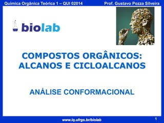 Química Orgânica Teórica 1 – QUI 02014

Prof. Gustavo Pozza Silveira

COMPOSTOS ORGÂNICOS:
ALCANOS E CICLOALCANOS
ANÁLISE CONFORMACIONAL

www.iq.ufrgs.br/biolab

1

 