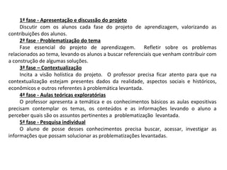 1ª fase - Apresentação e discussão do projeto
Discutir com os alunos cada fase do projeto de aprendizagem, valorizando as
contribuições dos alunos.
2ª fase - Problematização do tema
Fase essencial do projeto de aprendizagem. Refletir sobre os problemas
relacionados ao tema, levando os alunos a buscar referenciais que venham contribuir com
a construção de algumas soluções.
3ª fase – Contextualização
Incita a visão holística do projeto. O professor precisa ficar atento para que na
contextualização estejam presentes dados da realidade, aspectos sociais e históricos,
econômicos e outros referentes à problemática levantada.
4ª fase - Aulas teóricas exploratórias
O professor apresenta a temática e os conhecimentos básicos as aulas expositivas
precisam contemplar os temas, os conteúdos e as informações levando o aluno a
perceber quais são os assuntos pertinentes a problematização levantada.
5ª fase - Pesquisa individual
O aluno de posse desses conhecimentos precisa buscar, acessar, investigar as
informações que possam solucionar as problematizações levantadas.
 