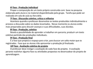6ª fase - Produção individual
Propor a composição de um texto próprio construído com base na pesquisa
elaborada pelo aluno e no material disponibilizado pelo grupo. Tarefa que pode ser
realizada em sala de aula ou fora dela.
7ª fase - Discussão coletiva, crítica e reflexiva
Acontece quando o professor desenvolve os textos produzidos individualmente e
provoca a discussão sobre os dados levantados. Nesse momento os alunos estão
mais preparados para discutir avanços e suas dificuldades, suas dúvidas.
8ª fase - Produção, coletiva
Revela a possibilidade de aprender a trabalhar em parceria; produzir um texto
coletivo partindo das produções individuais.
9ª fase - Produção final
É a fase que propicia o espaço para criar, para buscar um salto maior que os
registrados. Fase que os alunos irão apresentar a produção já finalizada.
10ª fase - Avaliação coletiva do projeto
O professor deve instigar a avaliação de cada fase do projeto. A avaliação
perante realinhar alguma fase ou atividades propostas no desencadear do projeto de
aprendizagem.
 
