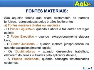 FONTES MATERIAIS:
7
São aquelas fontes que criam diretamente as normas
jurídicas, representadas pelos órgãos legiferantes:
a) Fontes materiais diretas ou imediatas
- O Poder Legislativo- quando elabora e faz entrar em vigor
as leis;
- O Poder Executivo – quando excepcionalmente elabora
Leis;
- O Poder Judiciário – quando elabora jurisprudência ou
quando excepcionalmente legisla;
- Os Doutrinadores – quando desenvolve trabalhos,
elaboram doutrinas utilizadas pelo aplicador da lei e,
- A Própria sociedade- quando consagra determinados
costumes.
AULA 9
 