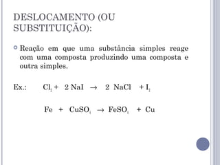 DESLOCAMENTO (OU
SUBSTITUIÇÃO):
 Reação em que uma substância simples reage
com uma composta produzindo uma composta e
outra simples.
Ex.: Cl2 + 2 NaI → 2 NaCl + I2
Fe + CuSO4 → FeSO4 + Cu
 
 