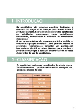 Os agrotóxicos são produtos químicos destinados a
controlar as pragas e as doenças que causam danos à
produção agrícola. São também consideradas agrotóxicos
as   substâncias    empregadas     como   desfolhantes,
dessecantes, estimulantes e inibidoras do crescimento
das plantas.
O uso de agrotóxicos não representa a única medida no
controle das pragas e doenças. Como primeira medida de
prevenção recomenda-se consultar um profissional,
buscando-se identificar outras técnicas para resolver o
problema das pragas e doenças, evitando assim os riscos
decorrentes do uso de agrotóxicos.




Os agrotóxicos podem ser classificados de acordo com a
finalidade de uso. O quadro abaixo mostra exemplos das
principais classes de uso:




                                                         5
 