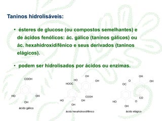 Taninos hidrolisáveis:
• ésteres de glucose (ou compostos semelhantes) e
de ácidos fenólicos: ác. gálico (taninos gálicos) ou
ác. hexahidroxidifênico e seus derivados (taninos
elágicos).
• podem ser hidrolisados por ácidos ou enzimas.
 