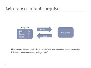 Leitura e escrita de arquivos
Programa
Jo‹o 10
Pedro 12
Paulo 11
Arquivo
Entrada
Sa’da
Problema: como traduzir o conteœdo do arquivo para nœmeros
inteiros, nœmeros reais, strings, etc?
 