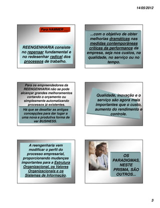 14/05/2012




           Para HAMMER .....
                                   ...com o objetivo de obter
                                   melhorias dramáticas nas
                                   medidas contemporâneas
REENGENHARIA consiste             críticas da performance da
no repensar fundamental e        empresa, seja nos custos, na
no redesenhar radical dos         qualidade, no serviço ou no
 processos de trabalho.                      tempo.




   Para os empreendedores da
  REENGENHARIA não se pode
alcançar grandes melhoramentos
    cortando o orçamento ou           Qualidade, inovação e o
  simplesmente automatizando          serviço são agora mais
    processos já existentes.         importantes que o custo,
 Há que se desafiar as antigas       aumento do rendimento e
 concepções para dar lugar a                 controle.
uma nova e produtiva forma de
       ver BUSINESS.




    A reengenharia vem
    modificar o perfil do
   processo empresarial,
                                                   OS
 proporcionando mudanças
                                              PARADIGMAS,
importantes para a Estrutura
 Organizacional, os Valores                      NESTE
    Organizacionais e os                      PRISMA, SÃO
  Sistemas de Informação.                       OUTROS...




                                                                  3
 