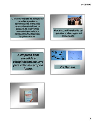 14/05/2012




O futuro consiste de múltiplas e
      variadas agendas, a
   administração monolítica
   provavelmente falhará na
    geração da criatividade
    necessária para dotar a        Por isso, a diversidade de
   companhia de adequadas          opiniões e abordagens é
        opções à frente.                  importante.




    A empresa bem
       sucedida é
 vertiginosamente livre
 para criar seu próprio
         futuro.                        Os Gansos




                                                                   9
 